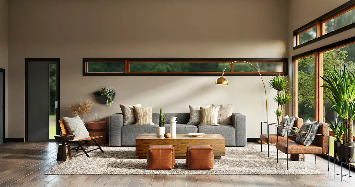 Warm modern home interior with carefully selected furniture and decor